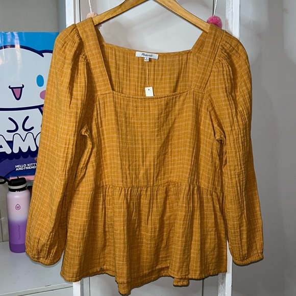 Madewell New M Milkbrook Gold Yellow Plaid Puff-Sleeve Peplum Top - Picture 2 of 5